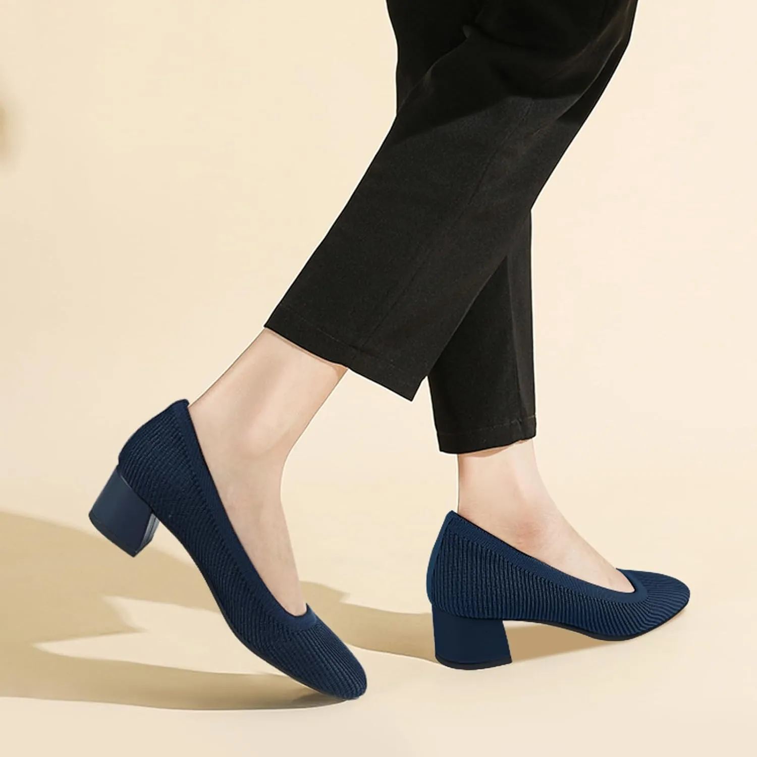 JENN ARDOR Low Chunky Heels Dress Shoes for Women Comfortable Knit Block Heeled Pumps Square Closed Toe Dressy Casual Wedding Party Prom Office Work Slip on Shoes