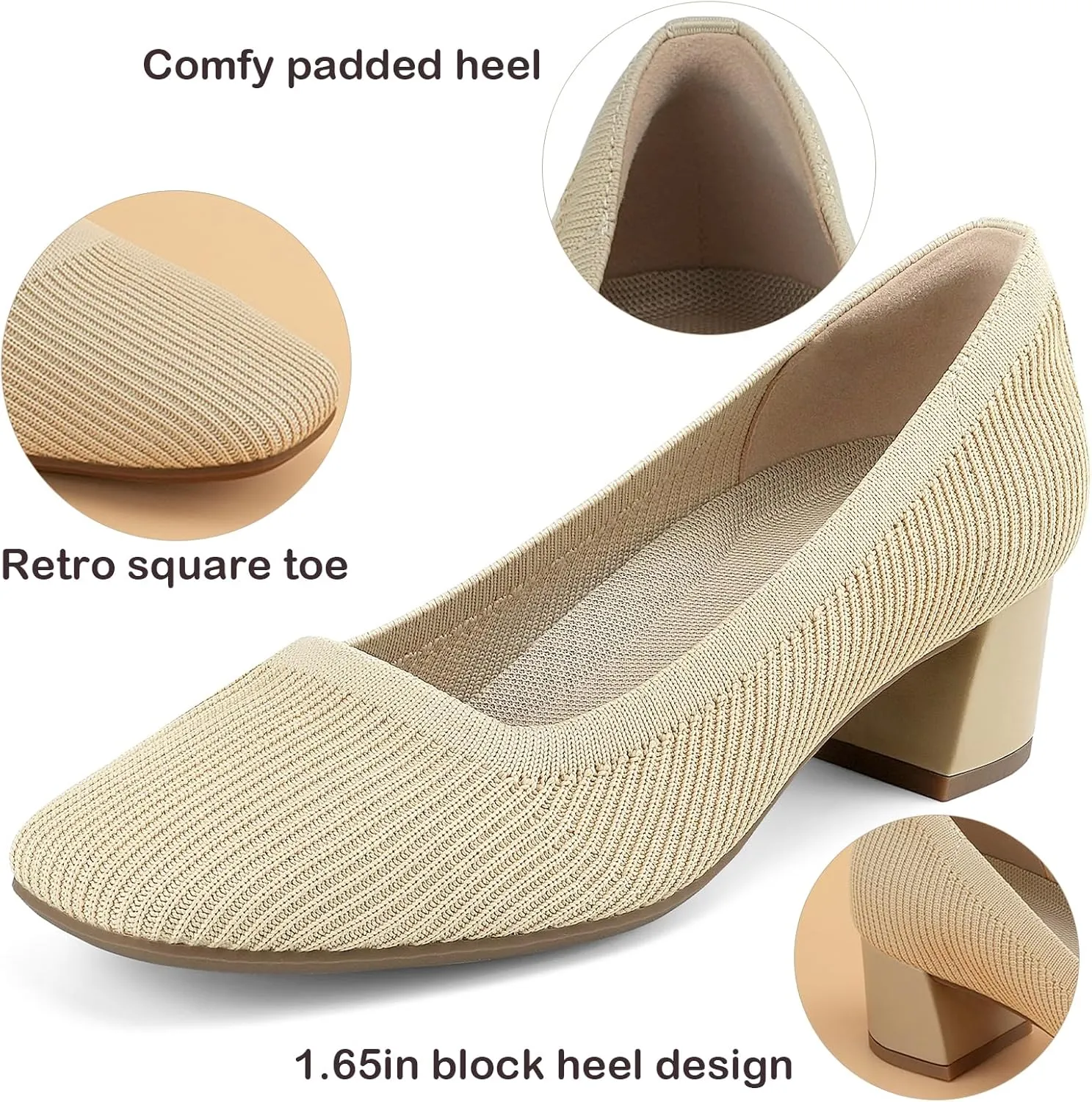 JENN ARDOR Low Chunky Heels Dress Shoes for Women Comfortable Knit Block Heeled Pumps Square Closed Toe Dressy Casual Wedding Party Prom Office Work Slip on Shoes