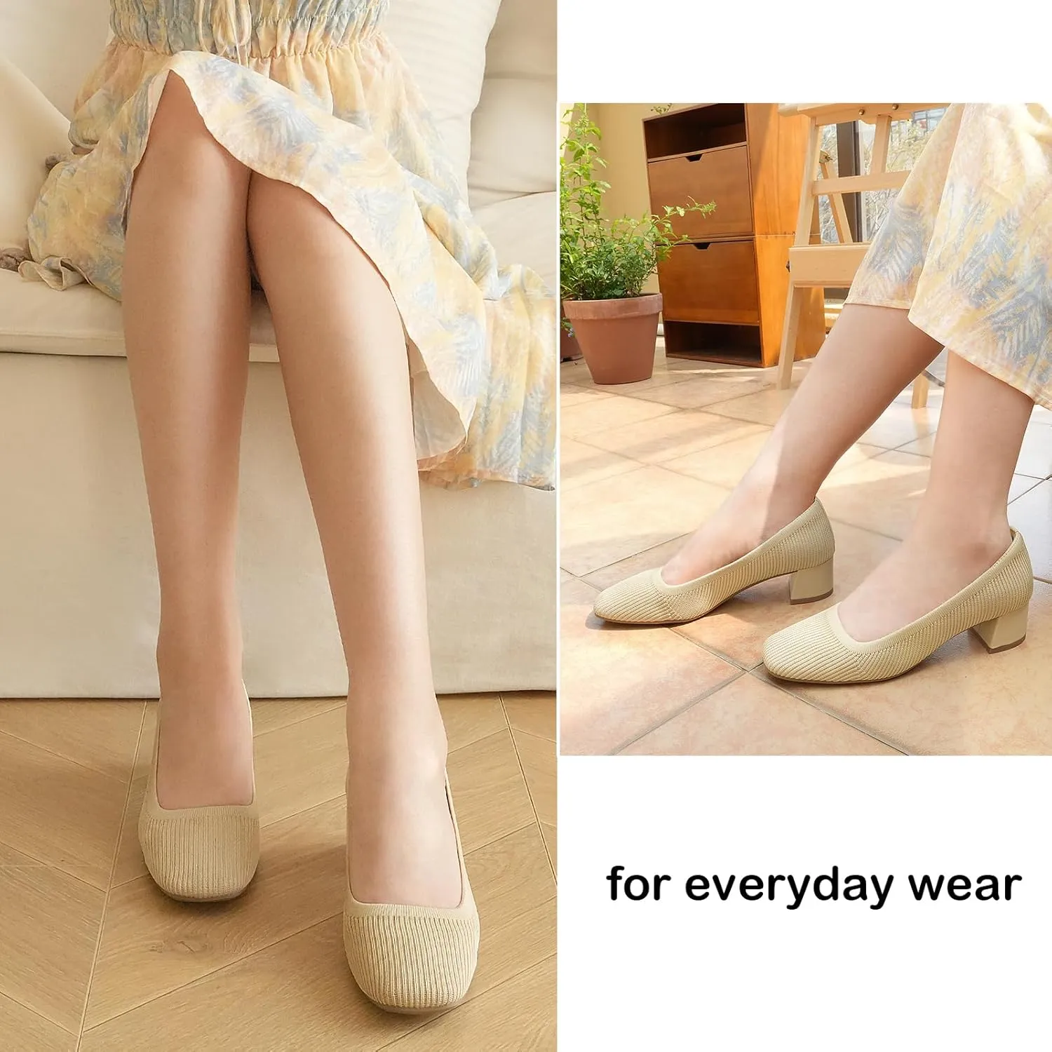 JENN ARDOR Low Chunky Heels Dress Shoes for Women Comfortable Knit Block Heeled Pumps Square Closed Toe Dressy Casual Wedding Party Prom Office Work Slip on Shoes