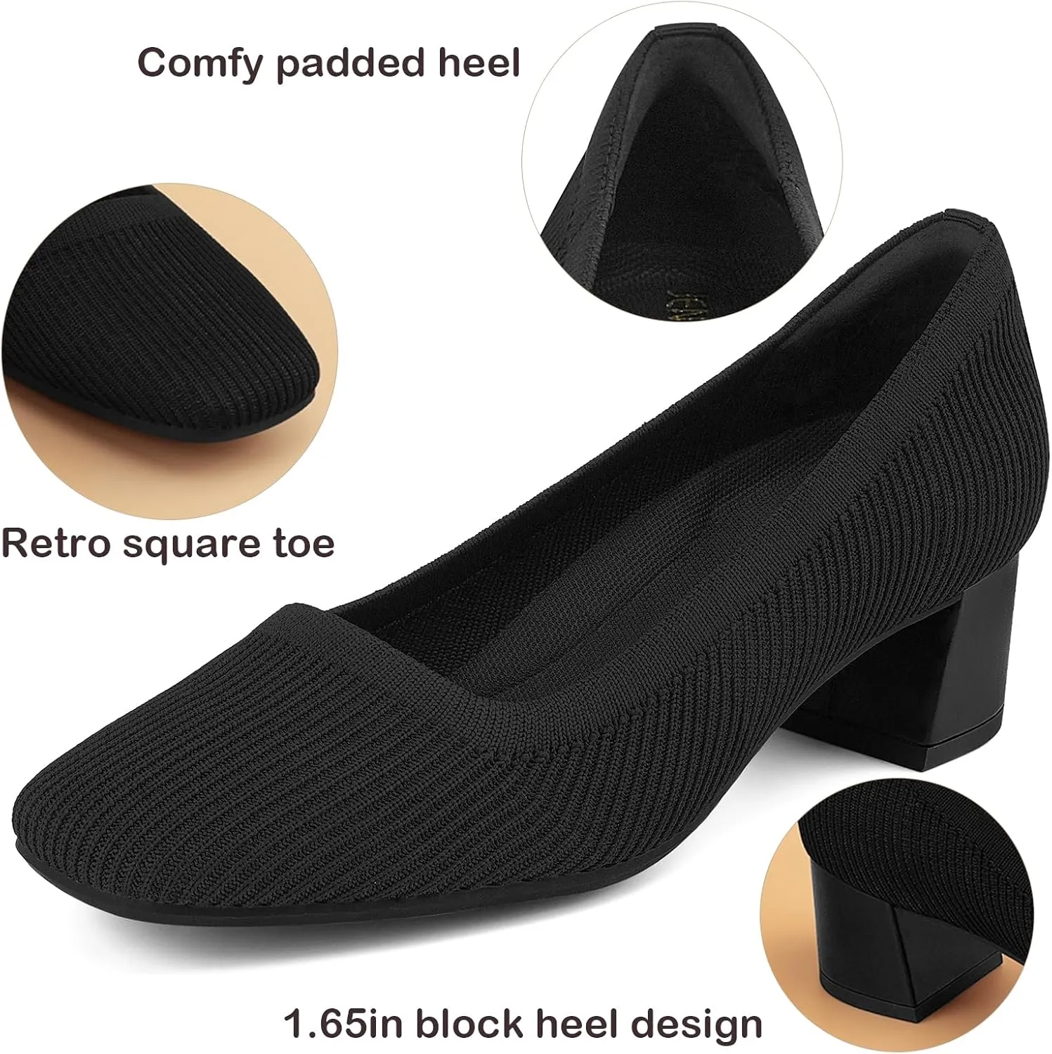 JENN ARDOR Low Chunky Heels Dress Shoes for Women Comfortable Knit Block Heeled Pumps Square Closed Toe Dressy Casual Wedding Party Prom Office Work Slip on Shoes