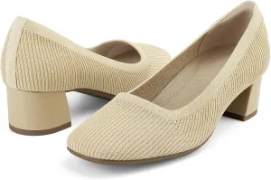 JENN ARDOR Low Chunky Heels Dress Shoes for Women Comfortable Knit Block Heeled Pumps Square Closed Toe Dressy Casual Wedding Party Prom Office Work Slip on Shoes
