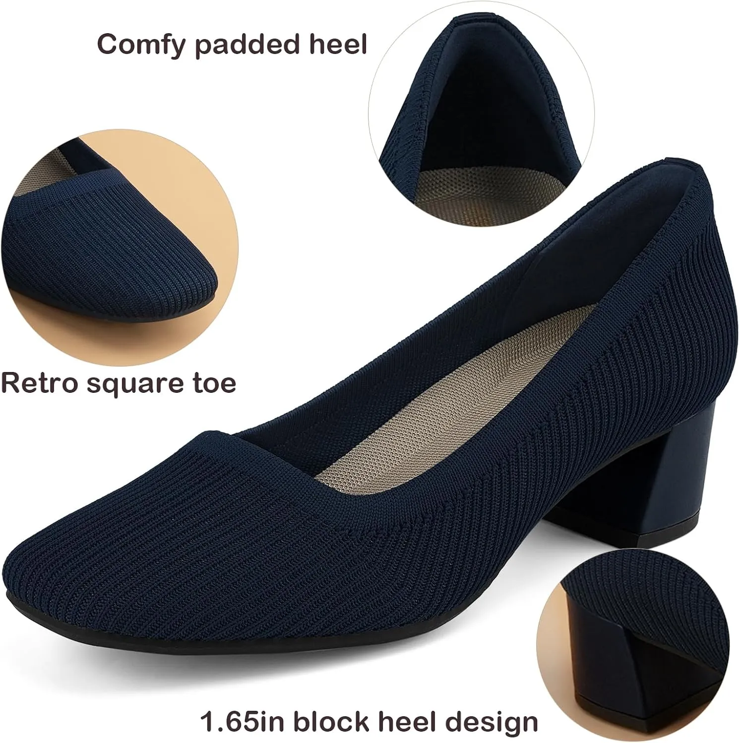 JENN ARDOR Low Chunky Heels Dress Shoes for Women Comfortable Knit Block Heeled Pumps Square Closed Toe Dressy Casual Wedding Party Prom Office Work Slip on Shoes