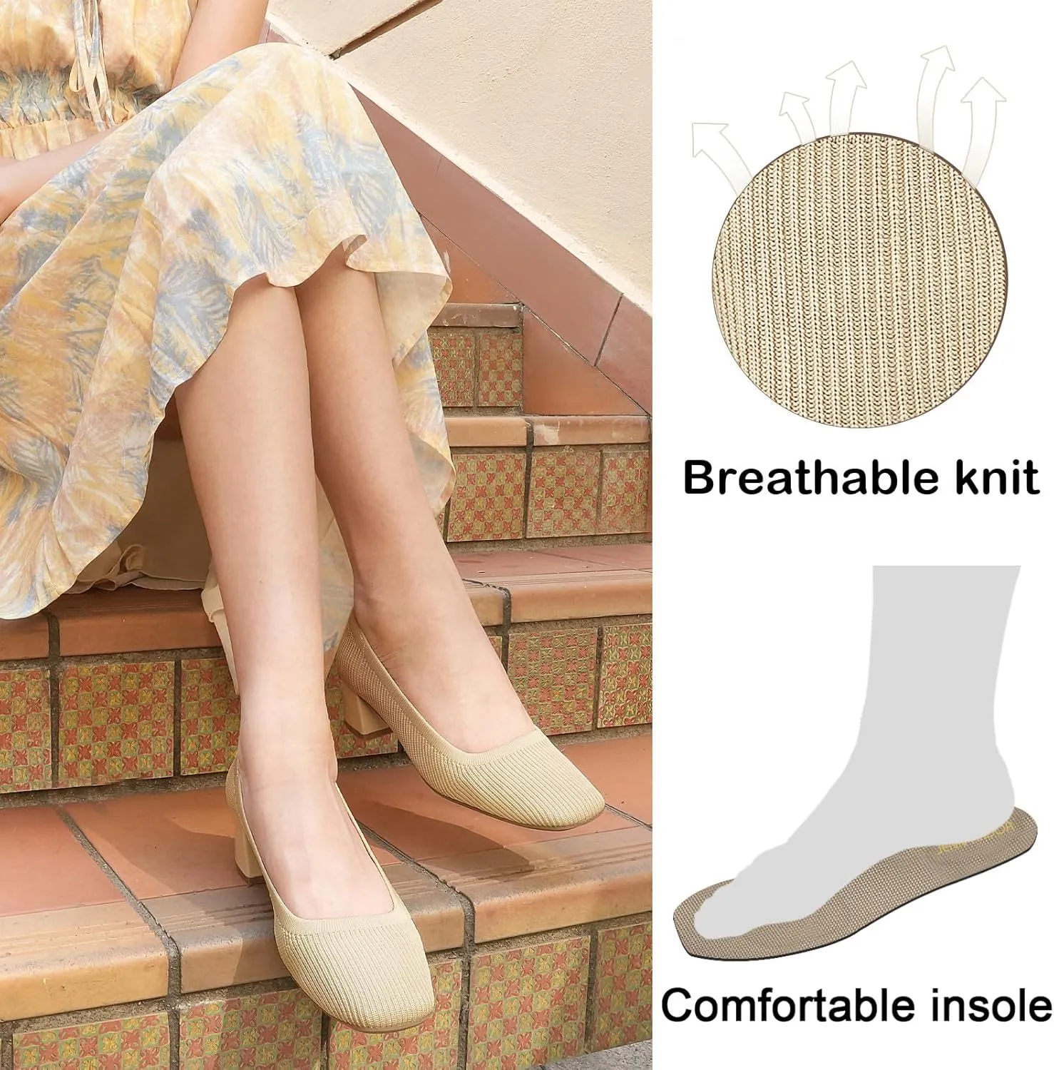 JENN ARDOR Low Chunky Heels Dress Shoes for Women Comfortable Knit Block Heeled Pumps Square Closed Toe Dressy Casual Wedding Party Prom Office Work Slip on Shoes