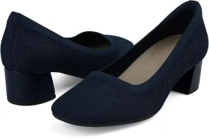JENN ARDOR Low Chunky Heels Dress Shoes for Women Comfortable Knit Block Heeled Pumps Square Closed Toe Dressy Casual Wedding Party Prom Office Work Slip on Shoes