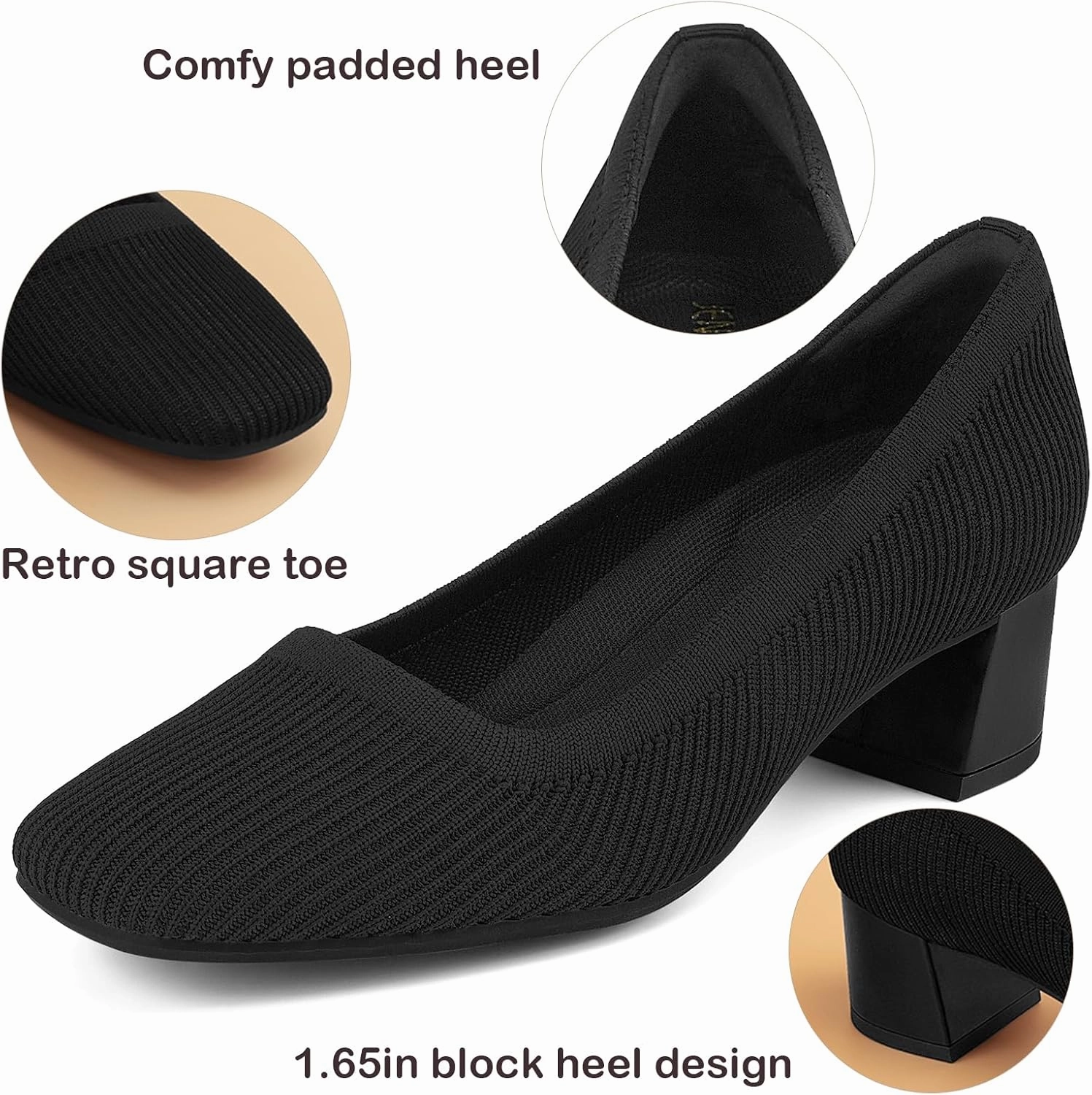 JENN ARDOR Low Chunky Heels Dress Shoes for Women Comfortable Knit Block Heeled Pumps Square Closed Toe Dressy Casual Wedding Party Prom Office Work Slip on Shoes