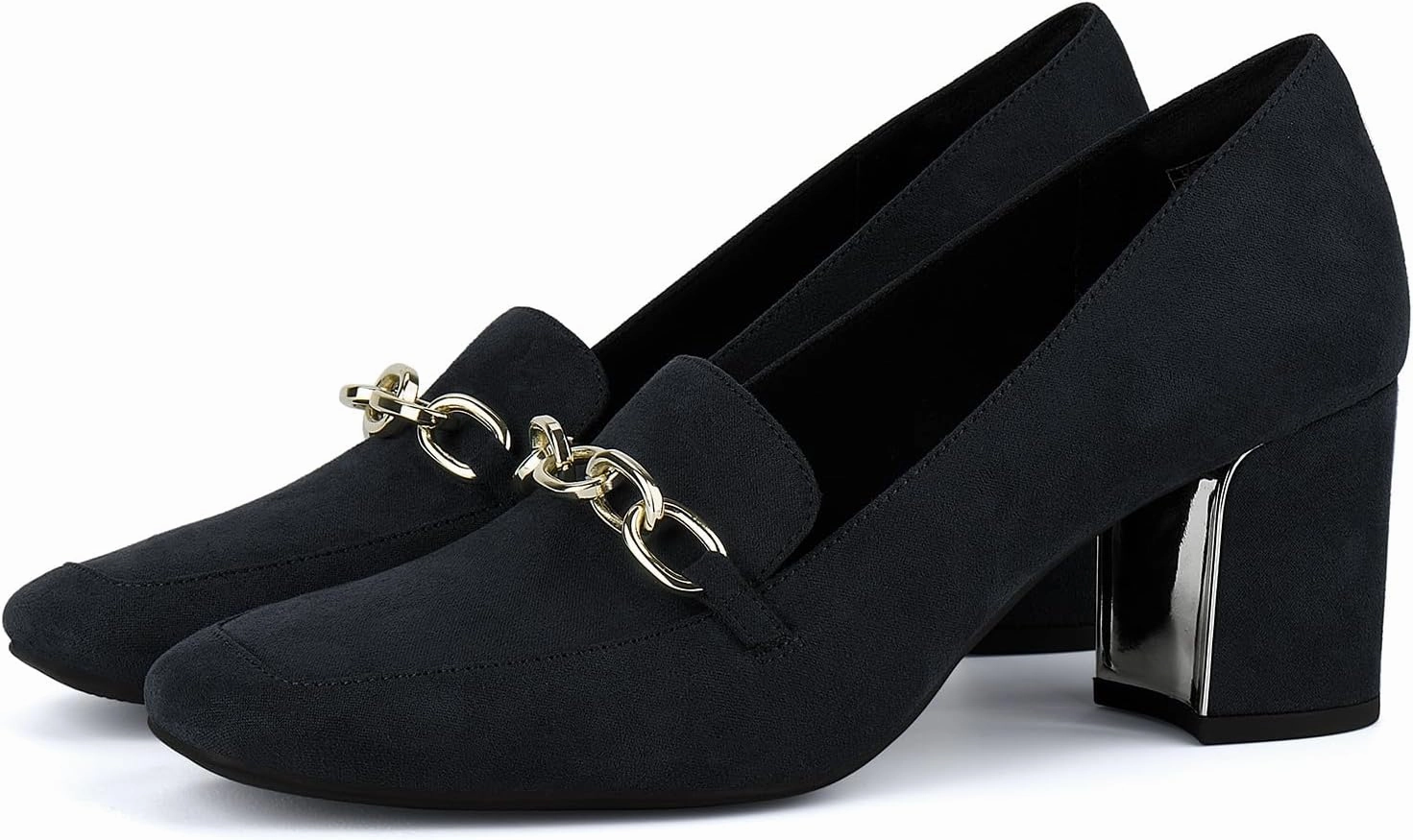 JENN ARDOR Women's Heeled Loafers - Block Heels, Closed Toe, Slip On, 2.5 Inch Mid Heel, Dress & Casual Shoes with Chain