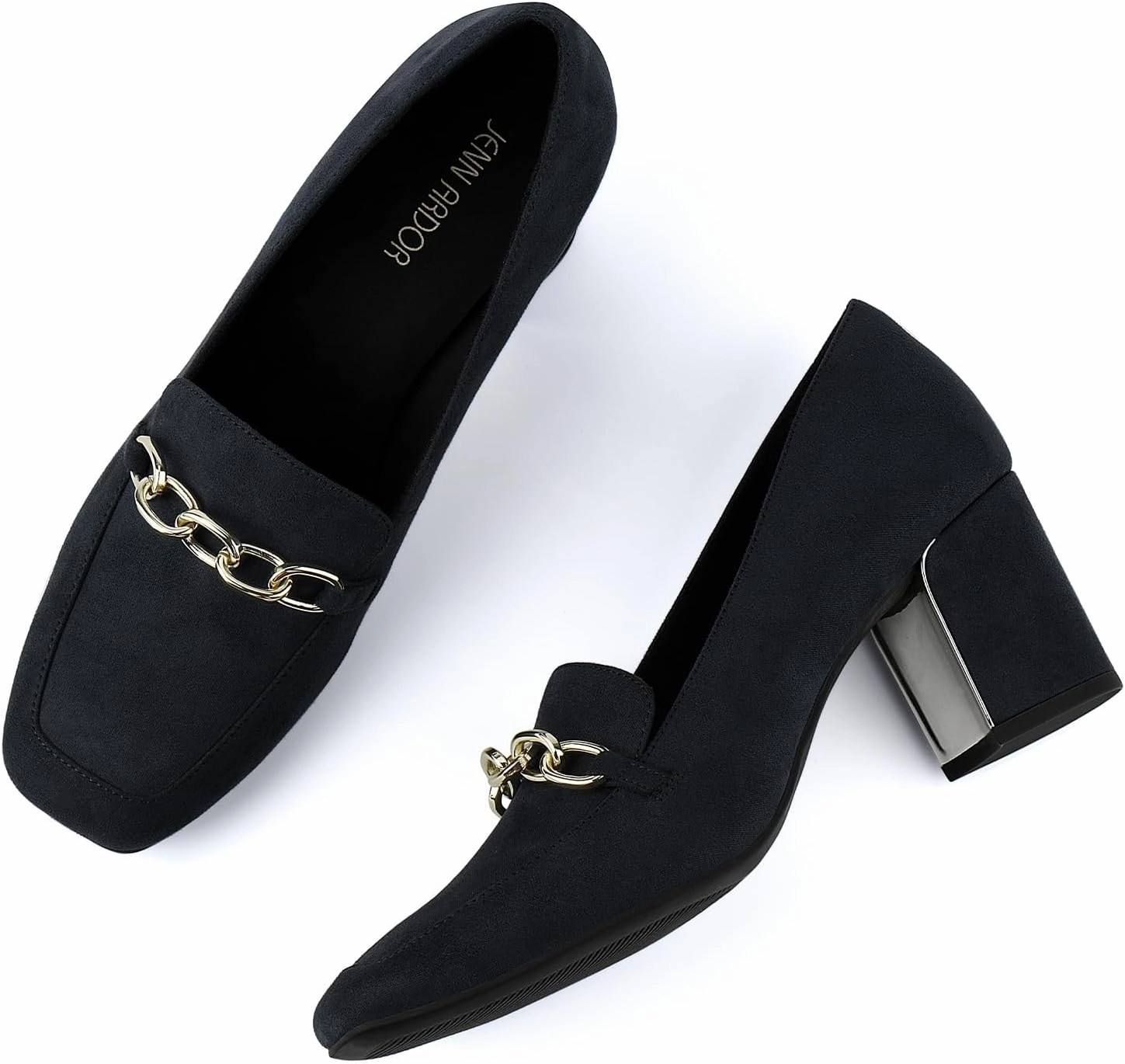 JENN ARDOR Women's Heeled Loafers - Block Heels, Closed Toe, Slip On, 2.5 Inch Mid Heel, Dress & Casual Shoes with Chain