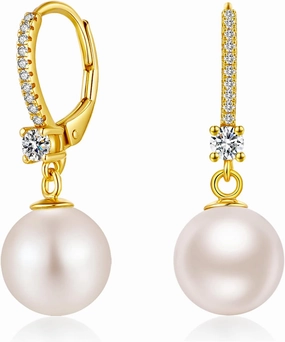 Jiamiao Sterling Silver Pearl Drop Earrings - 10mm Black/Pearl and Diamond Dangle Leverback Earrings for Women