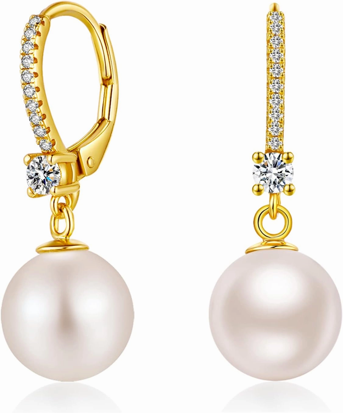 Jiamiao Sterling Silver Pearl Drop Earrings - 10mm Black/Pearl and Diamond Dangle Leverback Earrings for Women