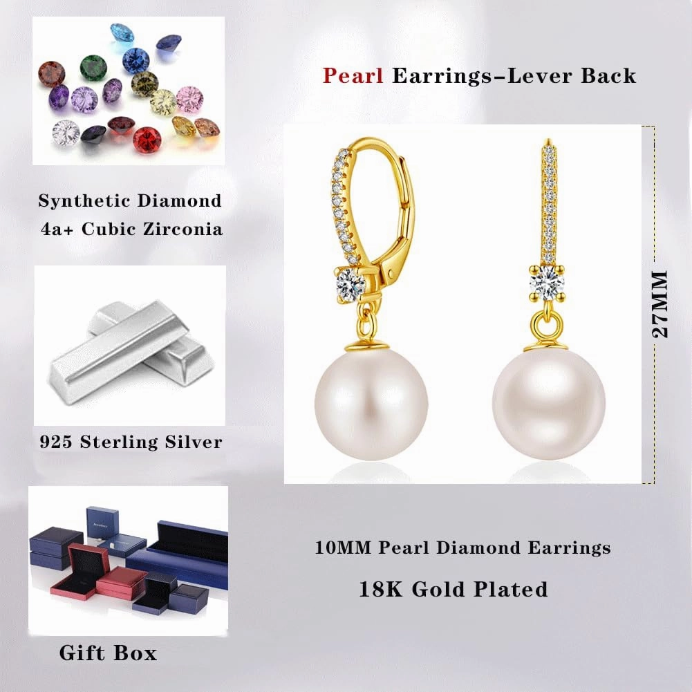 Jiamiao Sterling Silver Pearl Drop Earrings - 10mm Black/Pearl and Diamond Dangle Leverback Earrings for Women