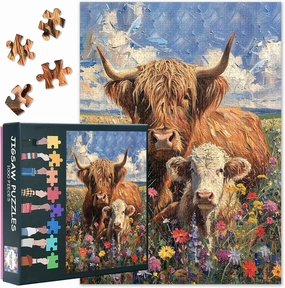 Jigsaw Puzzles 1000 Pieces for Adults, Highland Cow Jigsaw Puzzles, Highland Cow with Her Calf Puzzles for Adult 1000 Pieces, Wildflowers Field Puzzles, Impossible Puzzle for Adults 20X27 INCH
