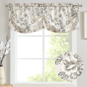 jinchan Linen Pleated Valance Farmhouse Floral Printed Valance for Windows 16 Inch Rustic Scallop Look Decorative Window Topper for Kitchen Living Room Bathroom Light Filtering 1 Panel Black on Beige