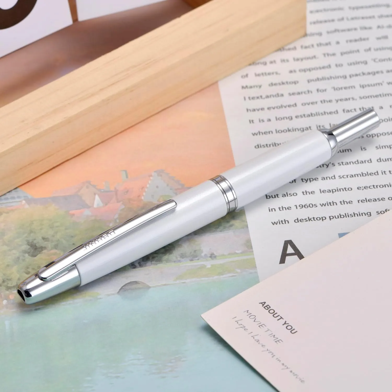 Jinhao 10 Capless Fountain Pen with Box, Pearl White Retractable Fine Nib with Converter Set (Silver Clip)