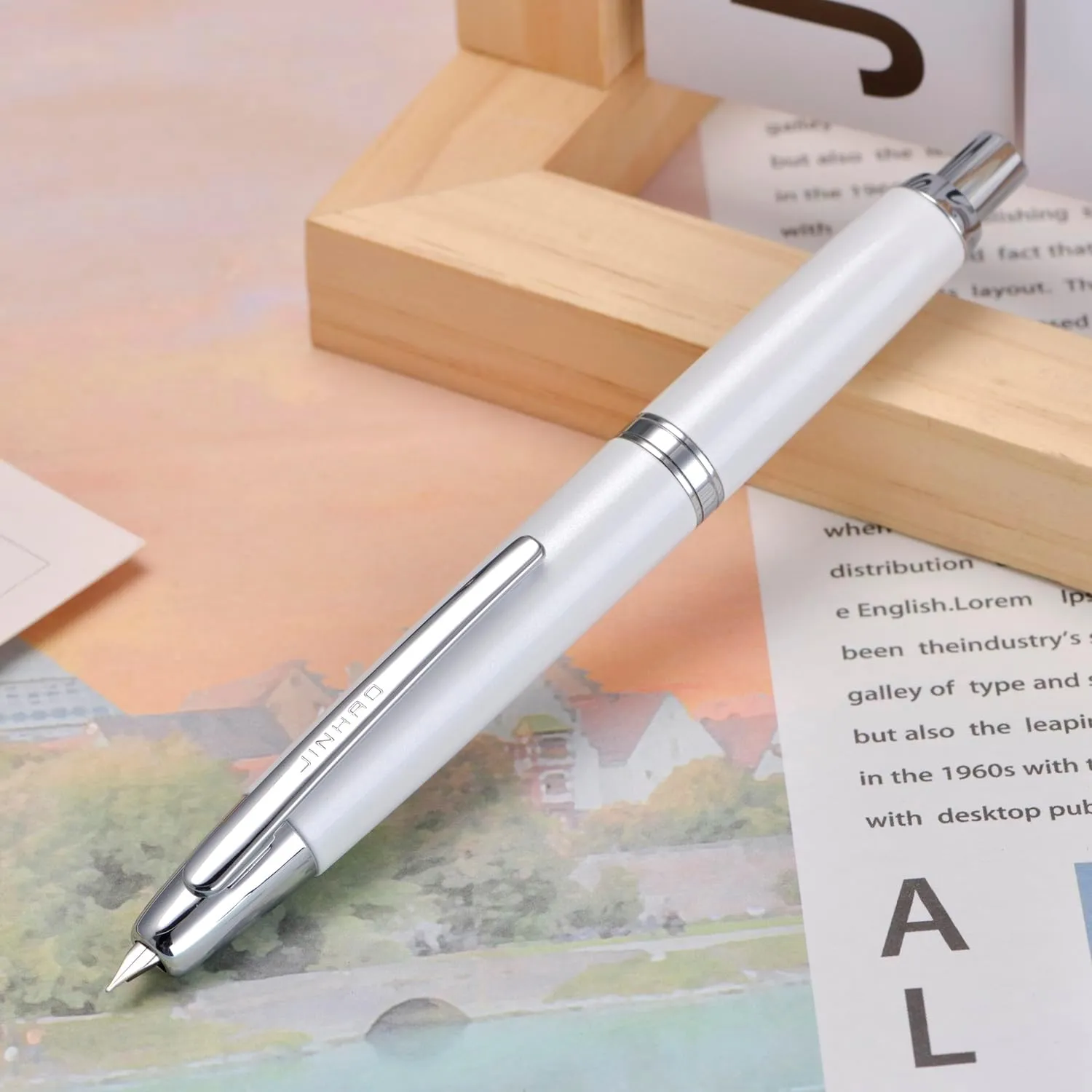 Jinhao 10 Capless Fountain Pen with Box, Pearl White Retractable Fine Nib with Converter Set (Silver Clip)