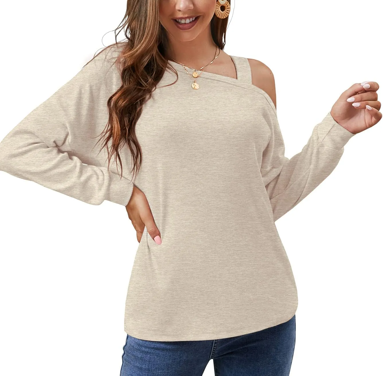 JINKESI Women's Long Sleeve Tunic Tops Casual Cold Shoulder Blouse Shirts