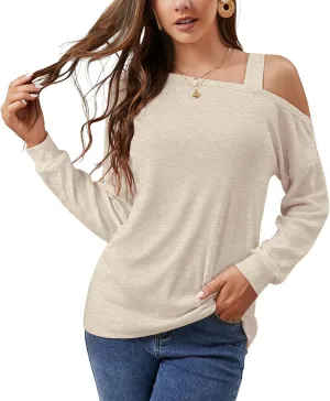 JINKESI Women's Long Sleeve Tunic Tops Casual Cold Shoulder Blouse Shirts