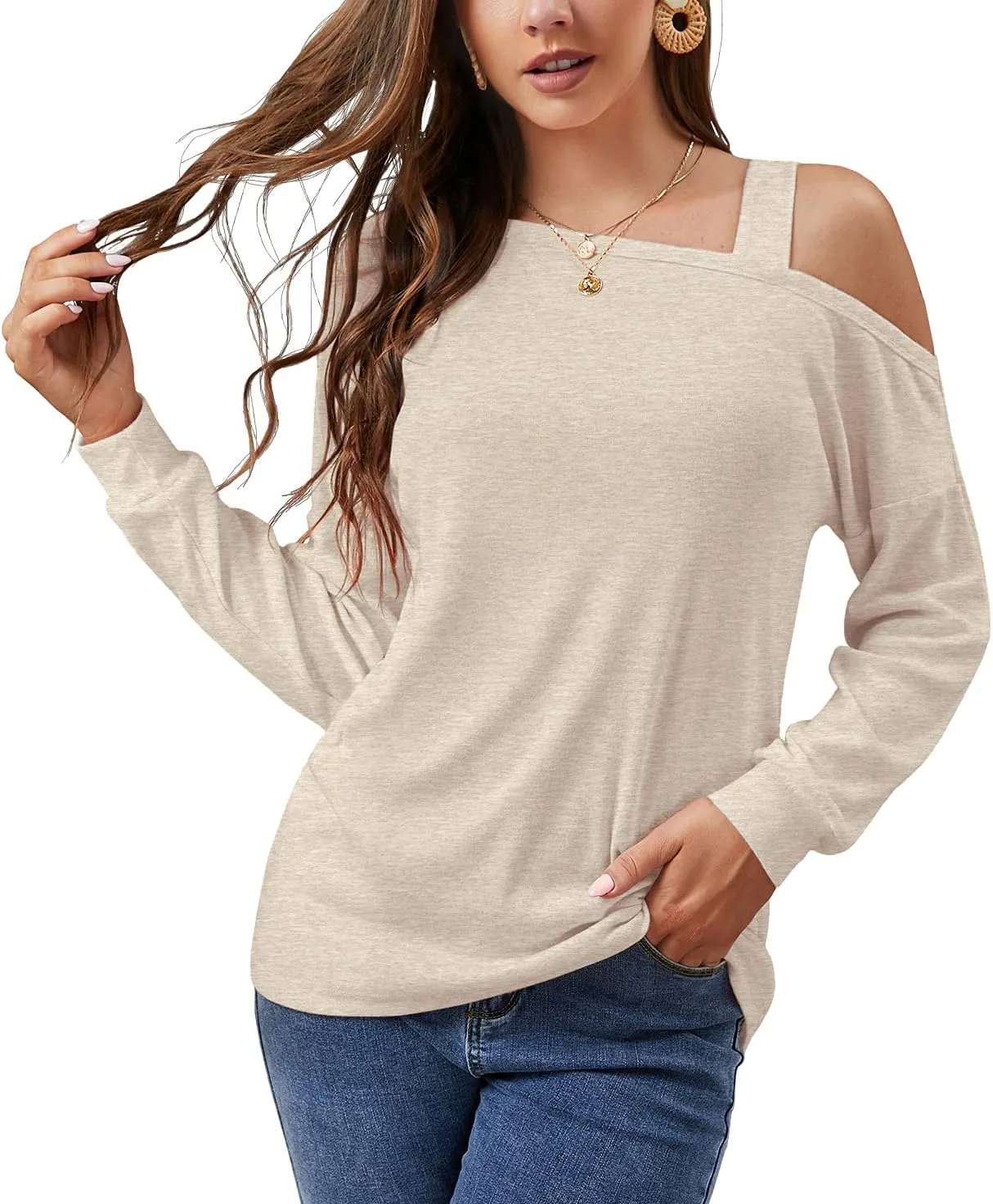JINKESI Women's Long Sleeve Tunic Tops Casual Cold Shoulder Blouse Shirts