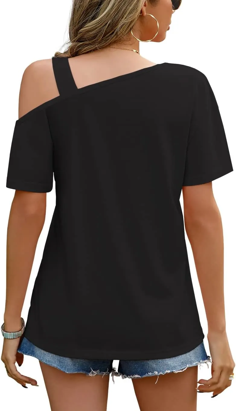 JINKESI Women's Short Sleeve Tunic Tops Casual Summer Cold Shoulder Blouse Shirts