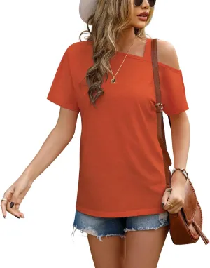 JINKESI Women's Short Sleeve Tunic Tops Casual Summer Cold Shoulder Blouse Shirts