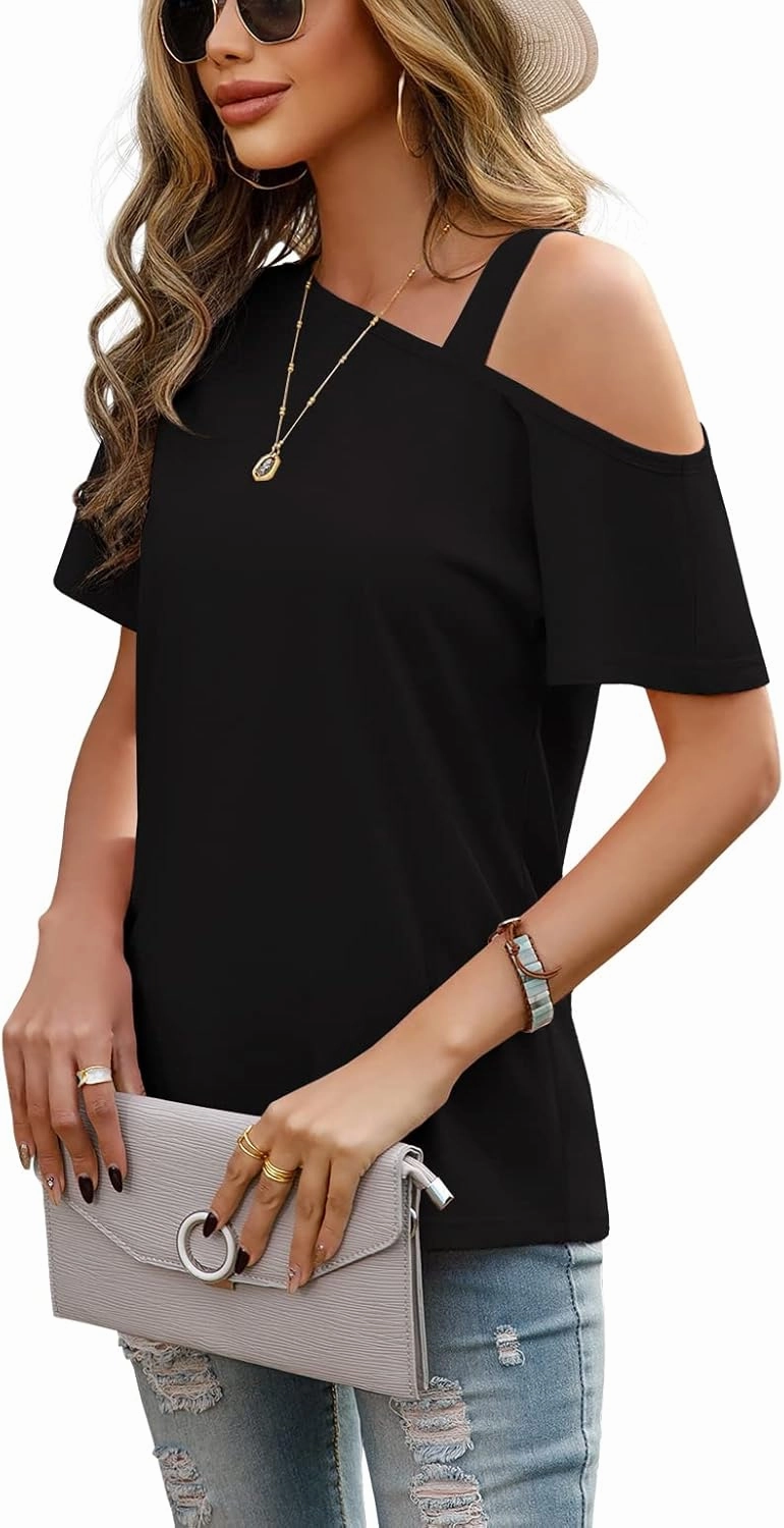 JINKESI Women's Short Sleeve Tunic Tops Casual Summer Cold Shoulder Blouse Shirts