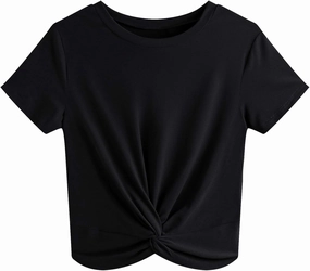 JINKESI Women's Summer Causal Short Sleeve Blouse Round Neck Crop Tops Twist Front Tee T-Shirt