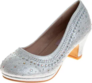JOSMO Girls Dress Pump - Medium Heeled Bejeweled Dress Shoe - Silver (11-4 Little Kid-Big Kid)