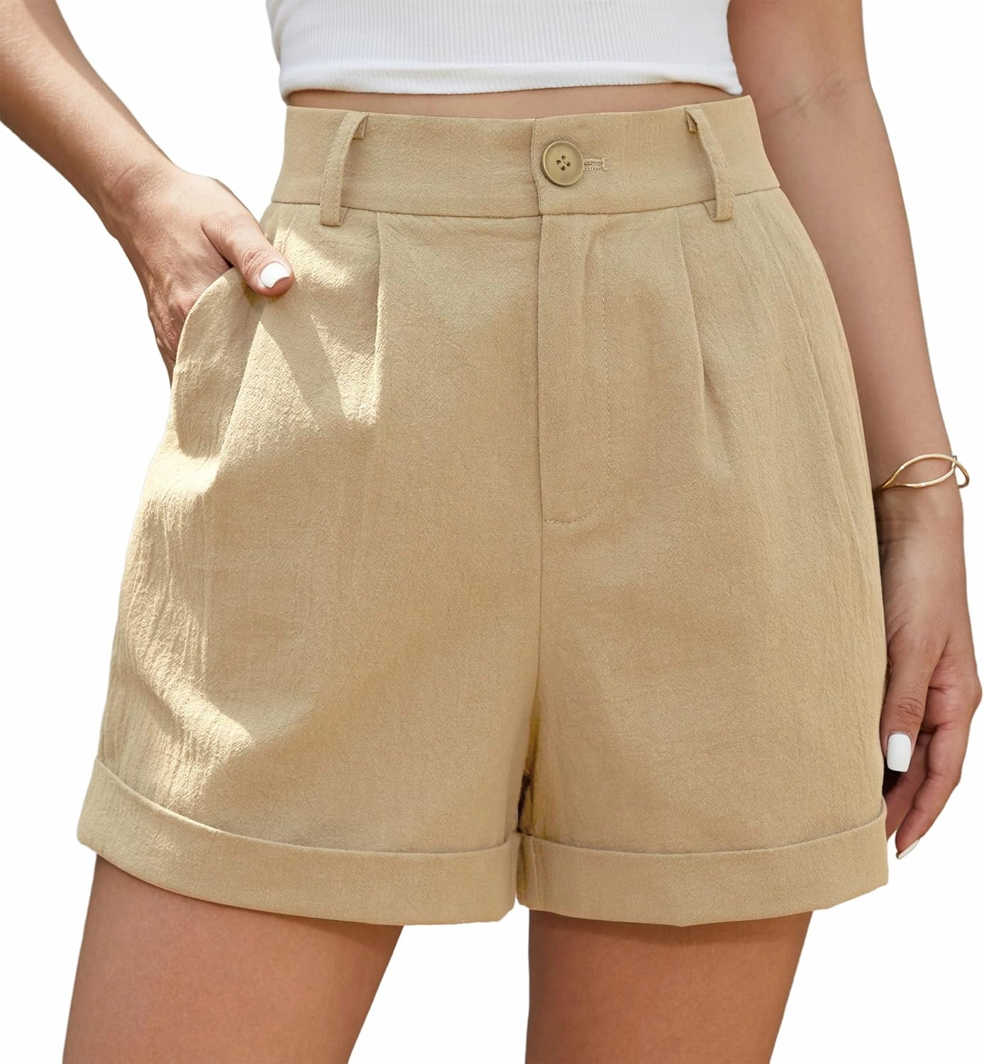 Jouica Womens Summer High Waist Linen Shorts Roll Up Pleated Zippered Wrap Hem Wide Leg Shorts with Pockets
