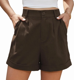 Jouica Womens Summer High Waist Linen Shorts Roll Up Pleated Zippered Wrap Hem Wide Leg Shorts with Pockets