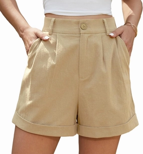 Jouica Womens Summer High Waist Linen Shorts Roll Up Pleated Zippered Wrap Hem Wide Leg Shorts with Pockets
