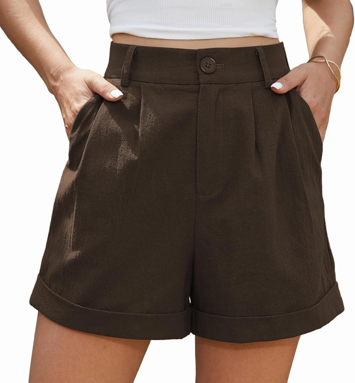 Jouica Womens Summer High Waist Linen Shorts Roll Up Pleated Zippered Wrap Hem Wide Leg Shorts with Pockets
