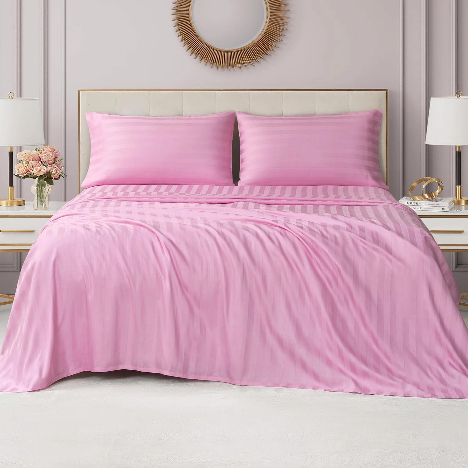 Juicy Couture Royal Dreams King Sateen 4 Piece Sheet Set - 100% Cotton Luxury Bed Sheets, Pink