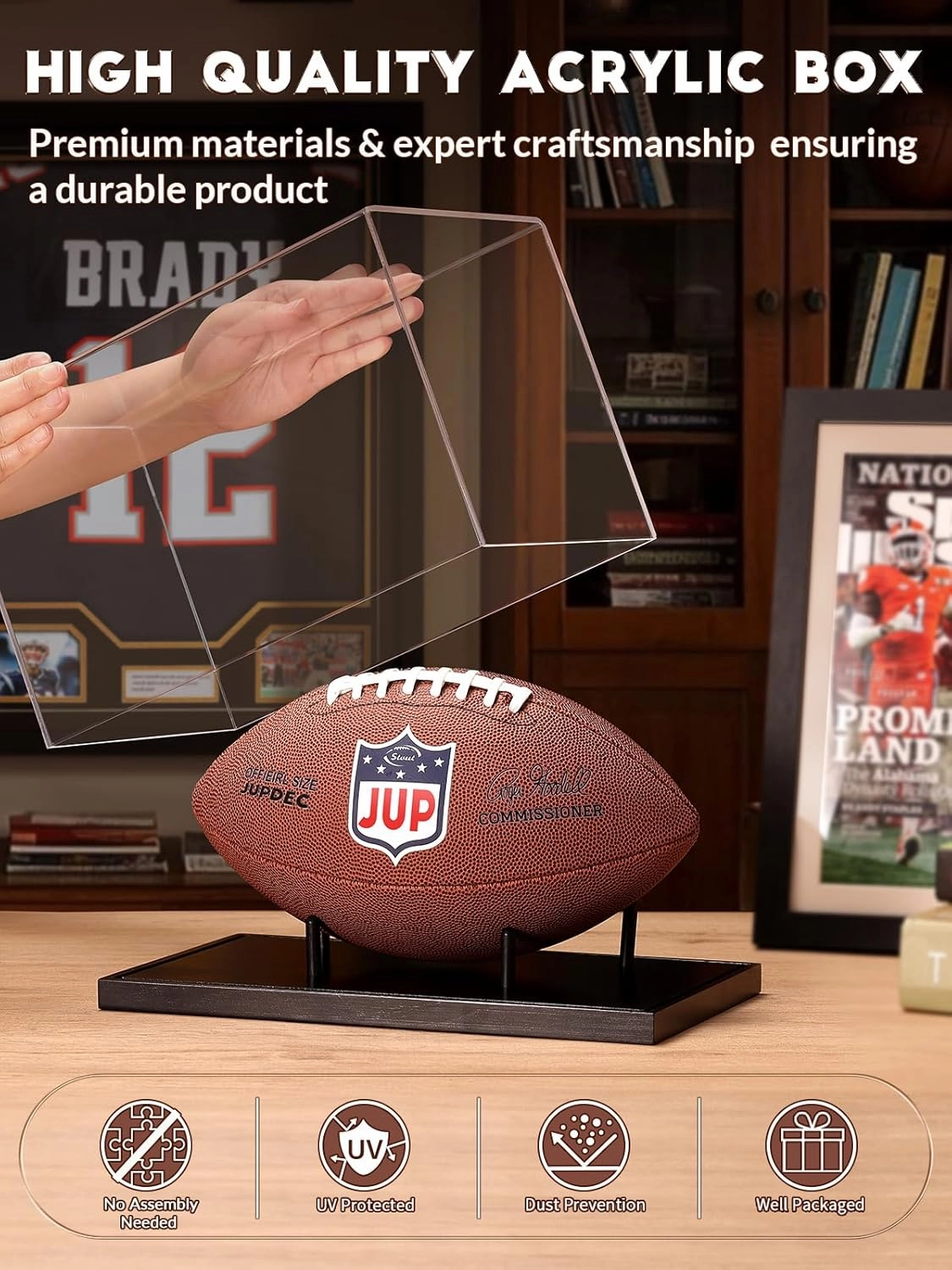 JupDec Football Display Case Full Size, Acrylic Clear Box with Wood Stand, UV Protected Memorabilia Holder, for Football Fans & Collectors, Sports Collectibles, No Assembly Required, Black