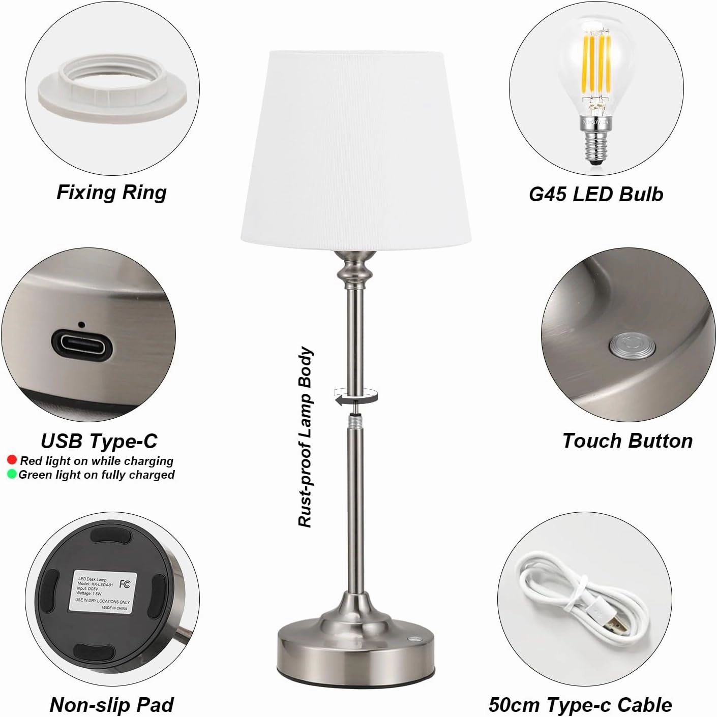 Kakanuo Cordless Table Lamp Rechargeable Silver - 1 Pack 4000mAH Battery Operated Lamp for Decor, 3000K Stepless Dimming Touch Control Wireless Lamp for Bedroom, Dining Table, Counter, Living Room