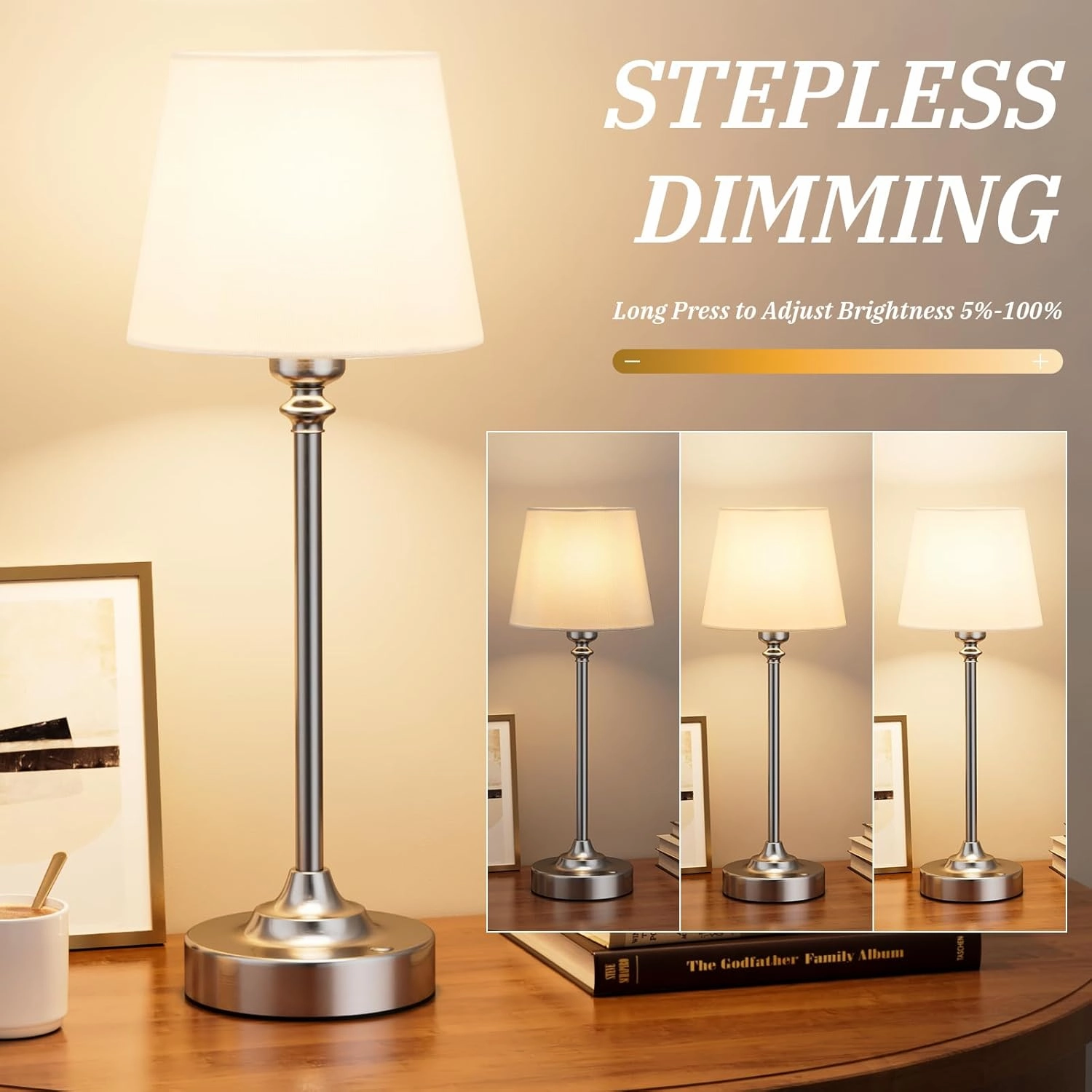 Kakanuo Cordless Table Lamp Rechargeable Silver - 1 Pack 4000mAH Battery Operated Lamp for Decor, 3000K Stepless Dimming Touch Control Wireless Lamp for Bedroom, Dining Table, Counter, Living Room