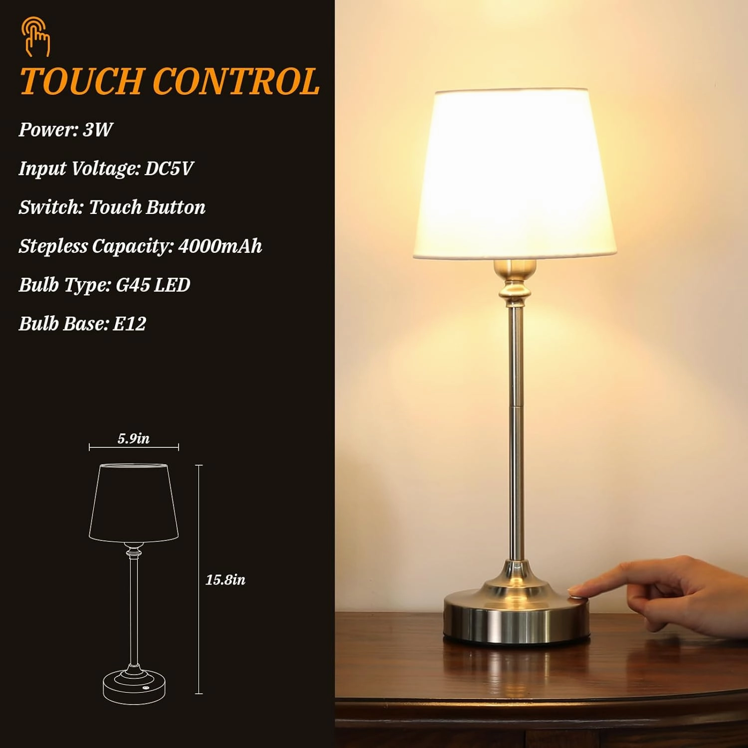 Kakanuo Cordless Table Lamp Rechargeable Silver - 1 Pack 4000mAH Battery Operated Lamp for Decor, 3000K Stepless Dimming Touch Control Wireless Lamp for Bedroom, Dining Table, Counter, Living Room