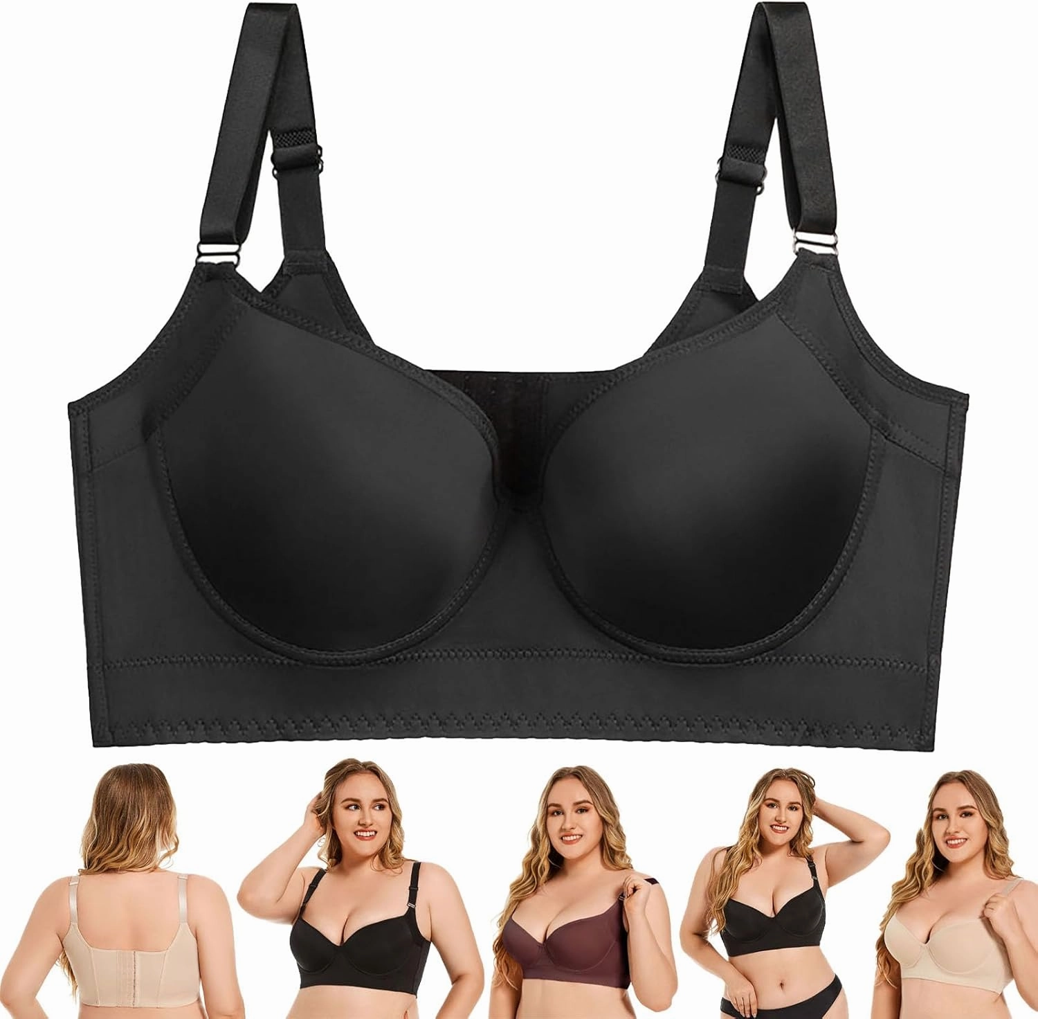 Katchme Womenswear Bra, Modern Plus Size Push Up Bra, Back Smoothing, Seamless Underwire, Black, Size 34-48