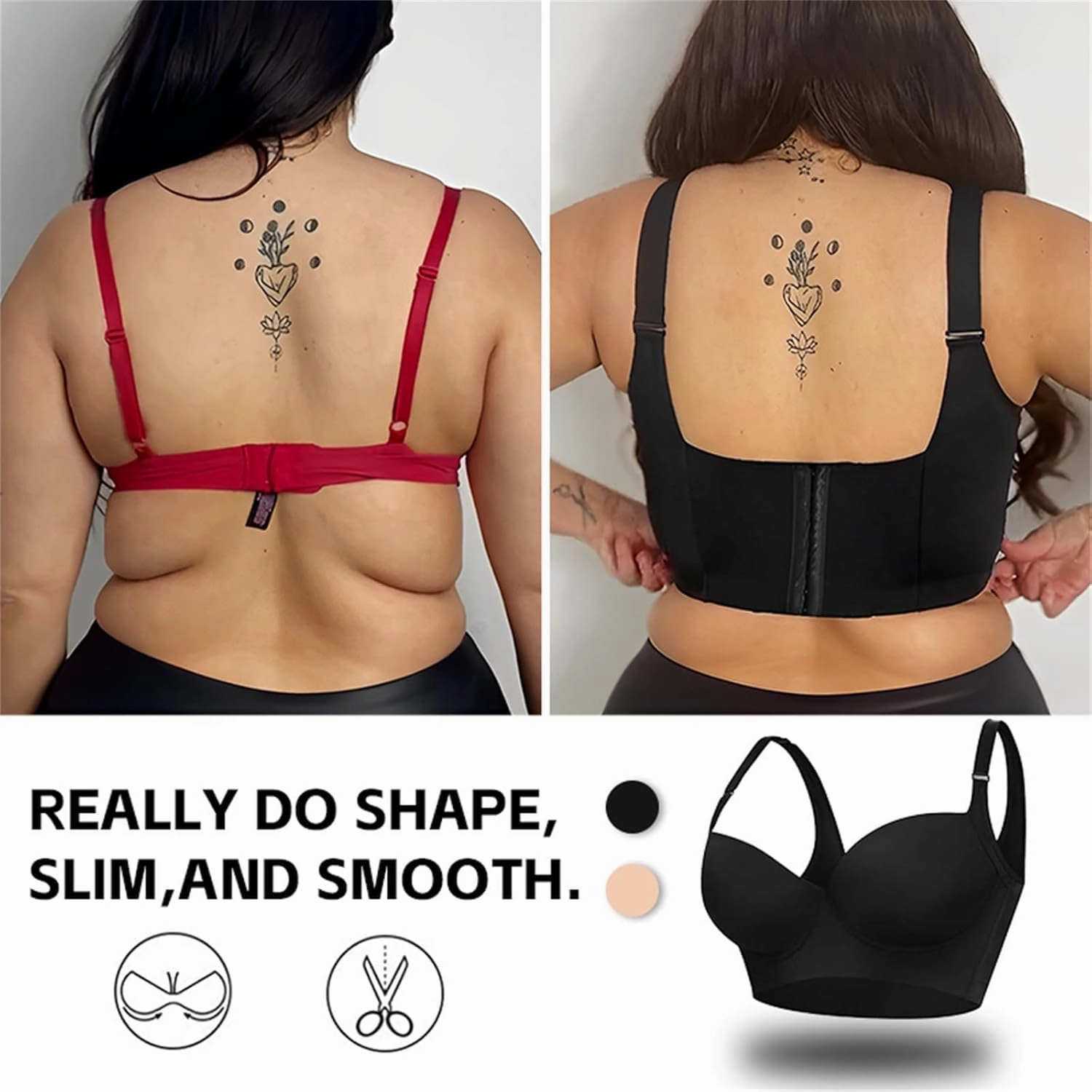 Katchme Womenswear Bra, Modern Plus Size Push Up Bra, Back Smoothing, Seamless Underwire, Black, Size 34-48