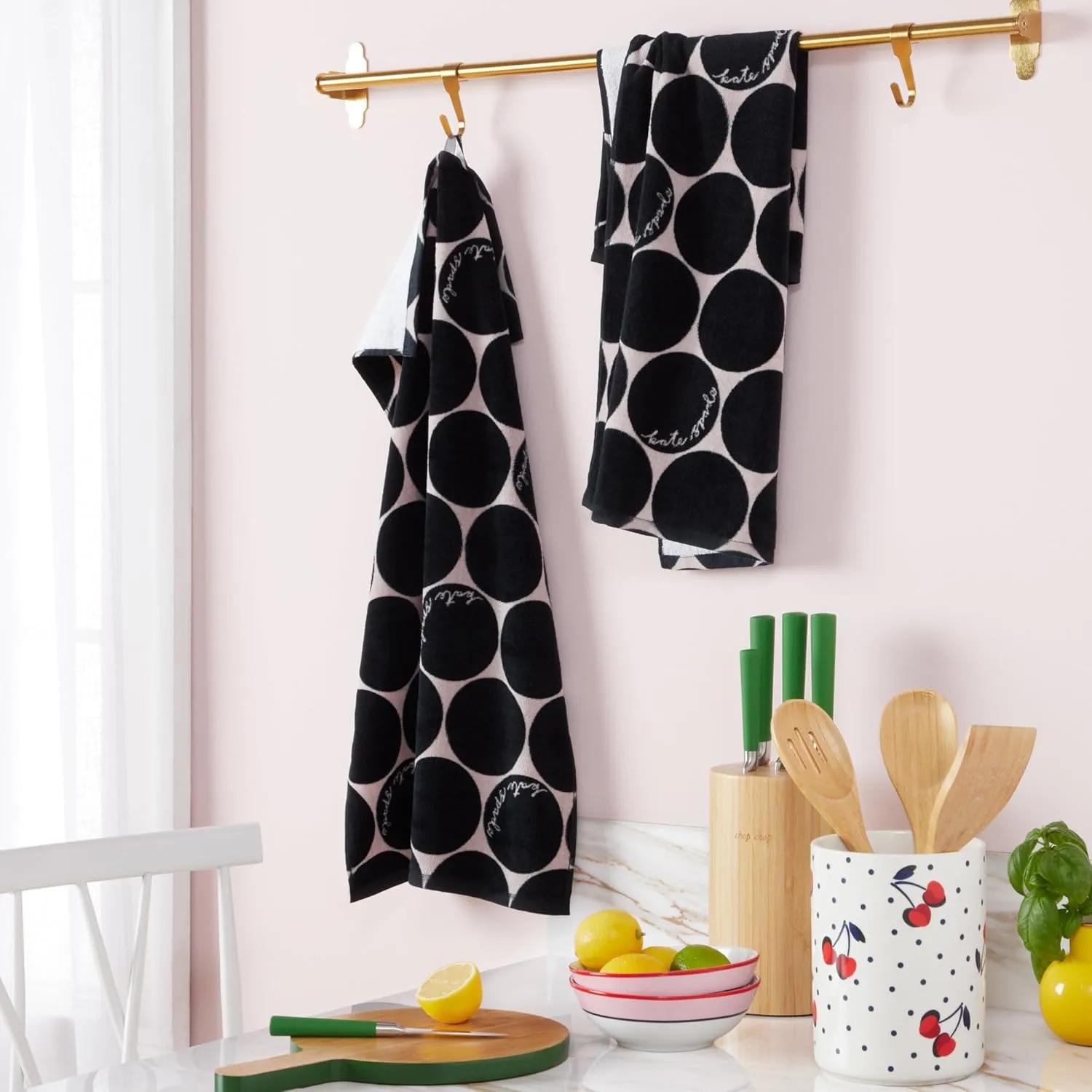 Kate Spade New York Joy Dot Kitchen Towels 2-Pack Set, Absorbent 100% Cotton Velour, Black/Beige, 17"x28"