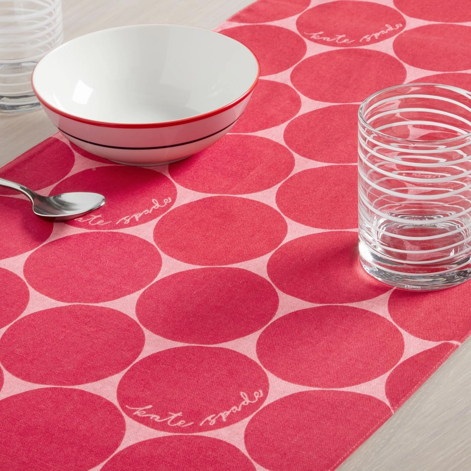 kate spade new york in The Loop & Joy Dot Reversible Table Runner, 100% Cotton, Machine Washable, Rose Pink/Red, 15"x72"