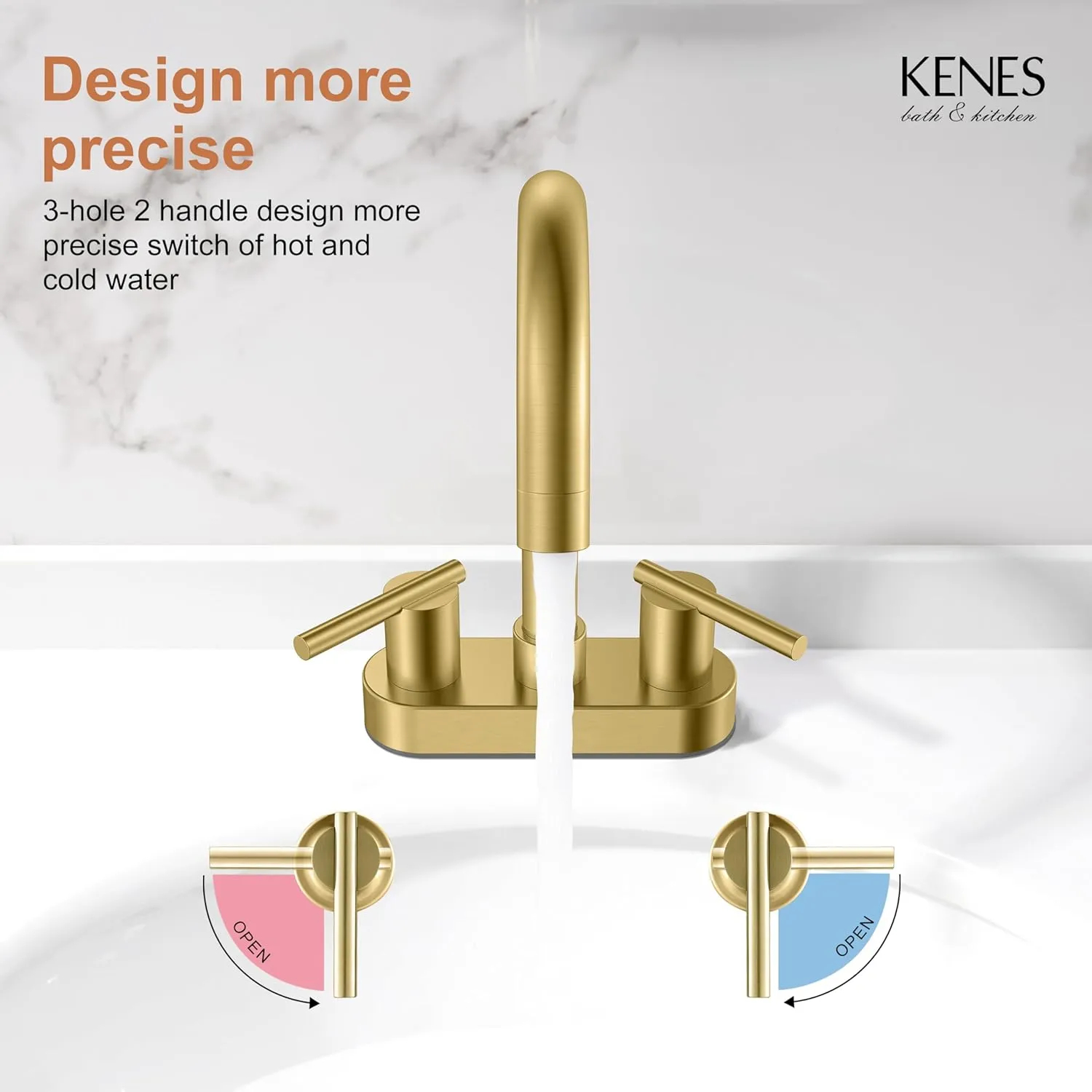 KENES Brushed Gold 4 Inch 2 Handle Centerset Bathroom Faucet, 3 Hole Gold Bathroom Sink Faucet, with Pop Up Sink Drain and Two Water Supply Lines, KE-9019-4