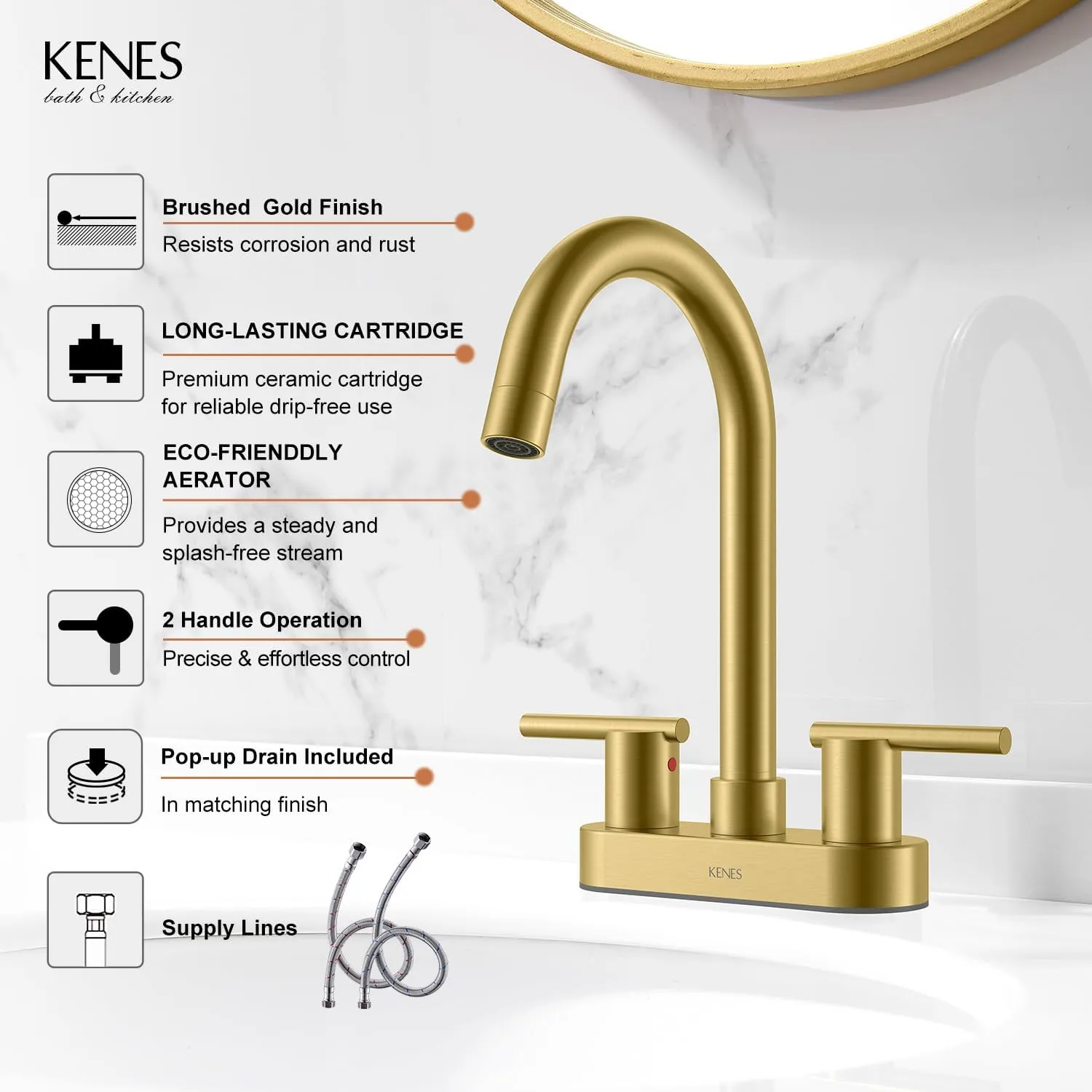 KENES Brushed Gold 4 Inch 2 Handle Centerset Bathroom Faucet, 3 Hole Gold Bathroom Sink Faucet, with Pop Up Sink Drain and Two Water Supply Lines, KE-9019-4