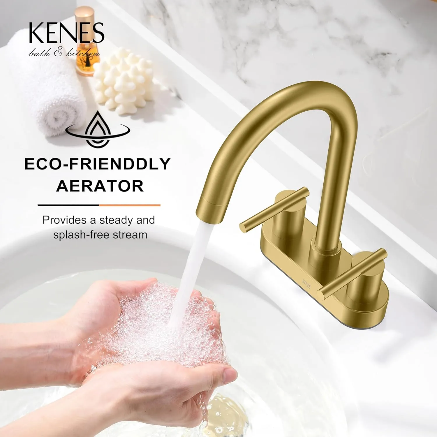 KENES Brushed Gold 4 Inch 2 Handle Centerset Bathroom Faucet, 3 Hole Gold Bathroom Sink Faucet, with Pop Up Sink Drain and Two Water Supply Lines, KE-9019-4