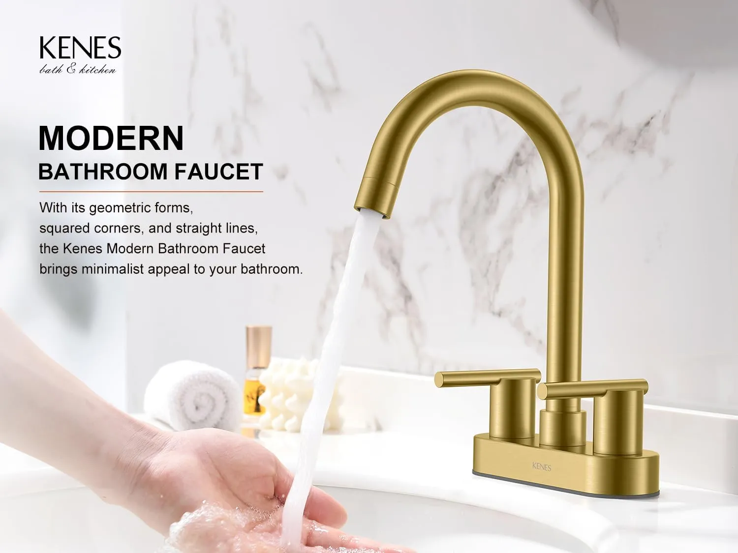 KENES Brushed Gold 4 Inch 2 Handle Centerset Bathroom Faucet, 3 Hole Gold Bathroom Sink Faucet, with Pop Up Sink Drain and Two Water Supply Lines, KE-9019-4