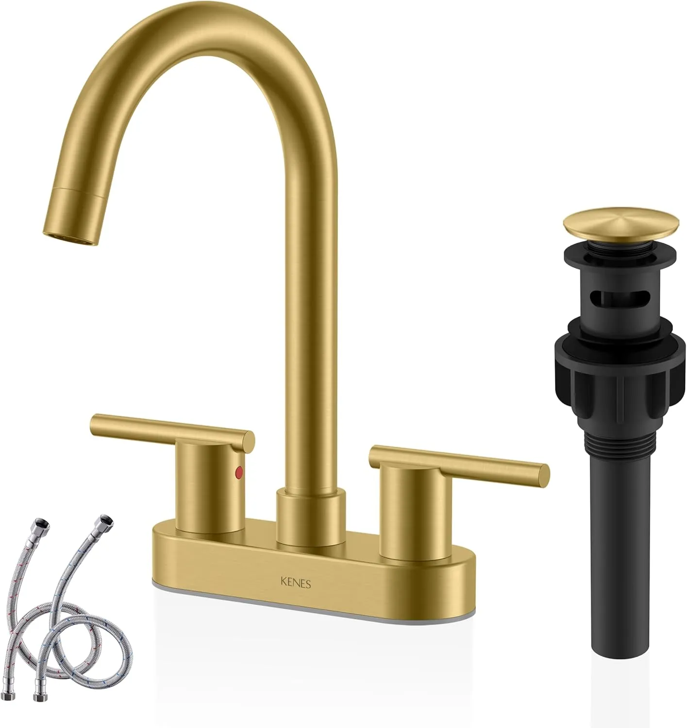 KENES Brushed Gold 4 Inch 2 Handle Centerset Bathroom Faucet, 3 Hole Gold Bathroom Sink Faucet, with Pop Up Sink Drain and Two Water Supply Lines, KE-9019-4