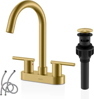 KENES Brushed Gold 4 Inch 2 Handle Centerset Bathroom Faucet, 3 Hole Gold Bathroom Sink Faucet, with Pop Up Sink Drain and Two Water Supply Lines, KE-9019-4