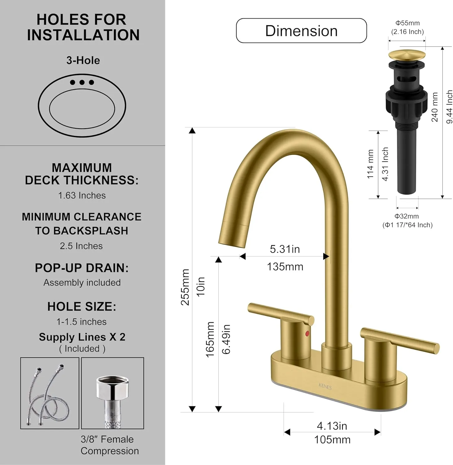 KENES Brushed Gold 4 Inch 2 Handle Centerset Bathroom Faucet, 3 Hole Gold Bathroom Sink Faucet, with Pop Up Sink Drain and Two Water Supply Lines, KE-9019-4