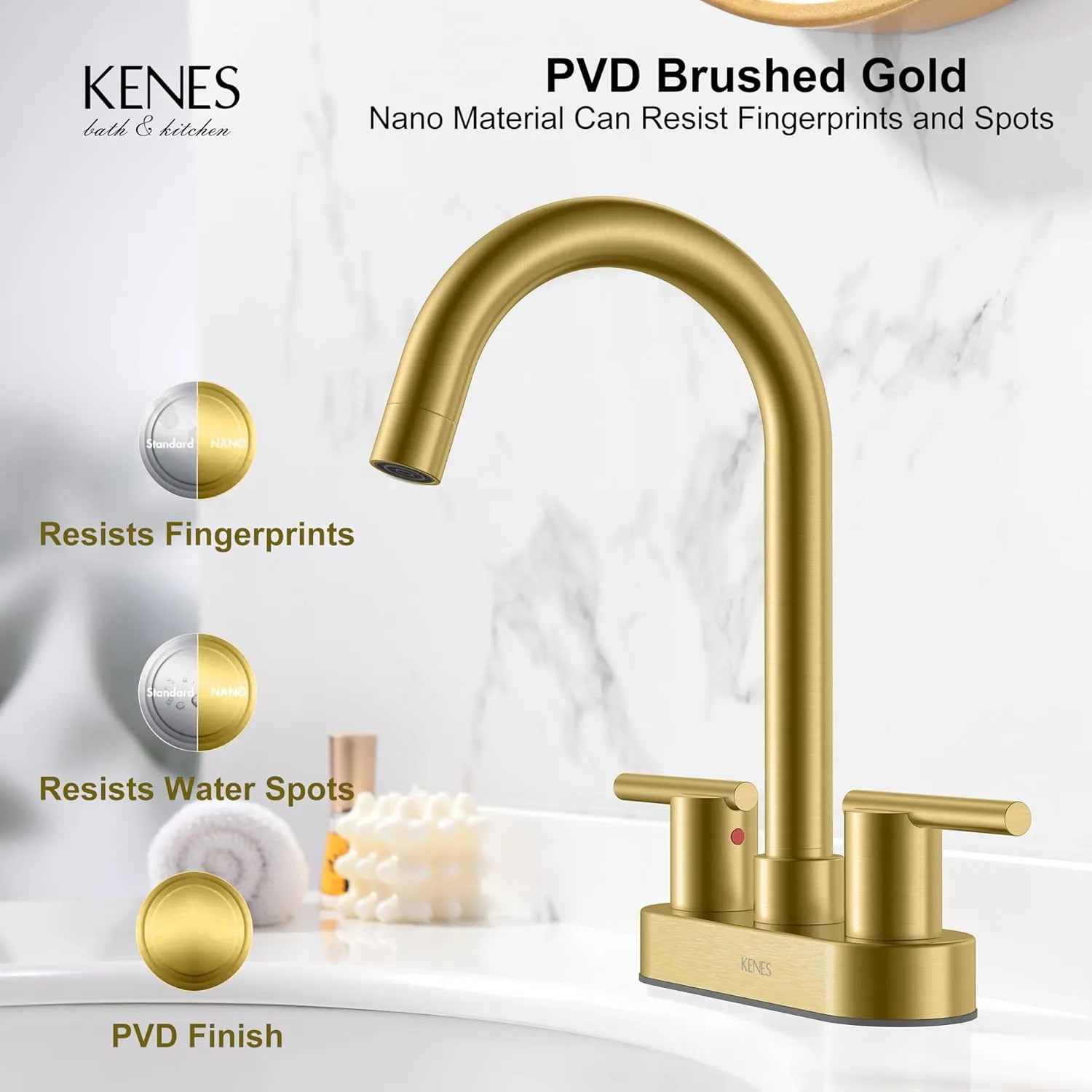 KENES Brushed Gold 4 Inch 2 Handle Centerset Bathroom Faucet, 3 Hole Gold Bathroom Sink Faucet, with Pop Up Sink Drain and Two Water Supply Lines, KE-9019-4