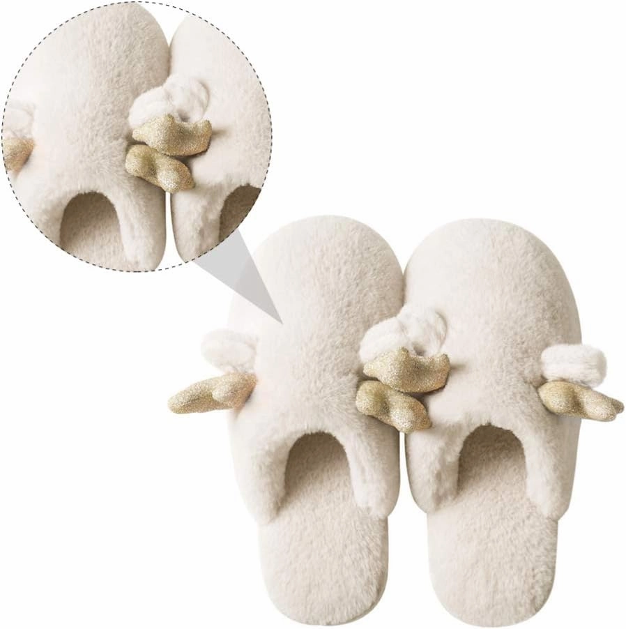 KESYOO 1 Pair Christmas Women Slippers Warm Cotton Slippers Non Slip Slippers with Reindeer Horn for Xmas Holiday Woman Winter (Beige, 38ï¼‰