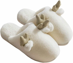 KESYOO 1 Pair Christmas Women Slippers Warm Cotton Slippers Non Slip Slippers with Reindeer Horn for Xmas Holiday Woman Winter (Beige, 38ï¼‰