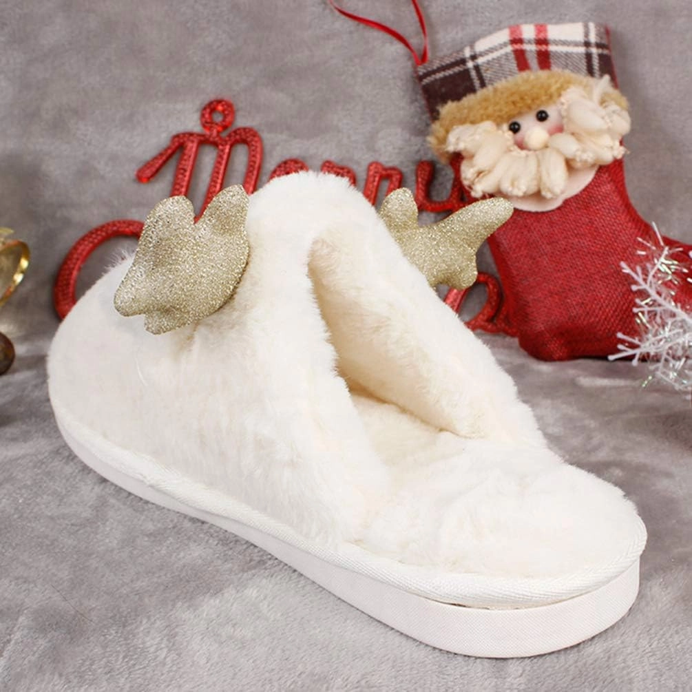 KESYOO 1 Pair Christmas Women Slippers Warm Cotton Slippers Non Slip Slippers with Reindeer Horn for Xmas Holiday Woman Winter (Beige, 38ï¼‰